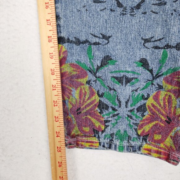 Monthorigin Overalls Womens Large Blue Floral Print Bibs Denim Distressed Casual - Picture 7 of 14